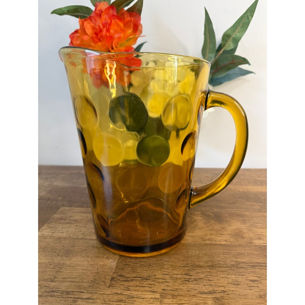 Vintage Hazel Atlas El Dorado Amber Glass Coin Dot Pitcher Mid Century
